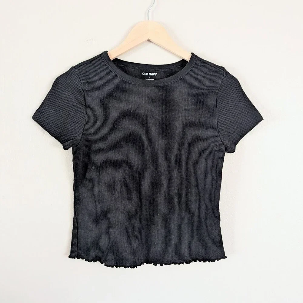 Slim Fit‎ Scallop Hem Waffle Knit Baby Tee Black Crew Neck Cotton Poly Women's M